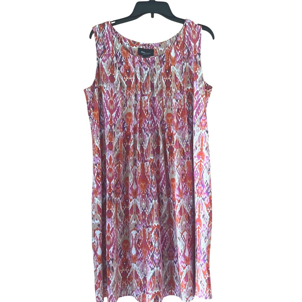 RN Studio Shift Dress Women Large Pink Orange Ikat Sleeveless Excellent Stretch
